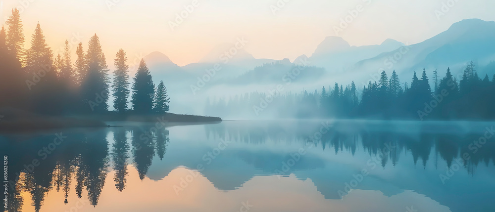 Serene mountain lake at dawn, with trees reflected in calm water, enveloped in mist and surrounded by majestic peaks in the background.