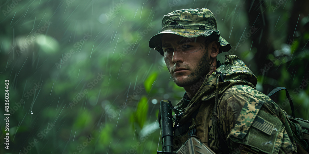 A lone special forces soldier separated from his team navigating through dense wilderness 