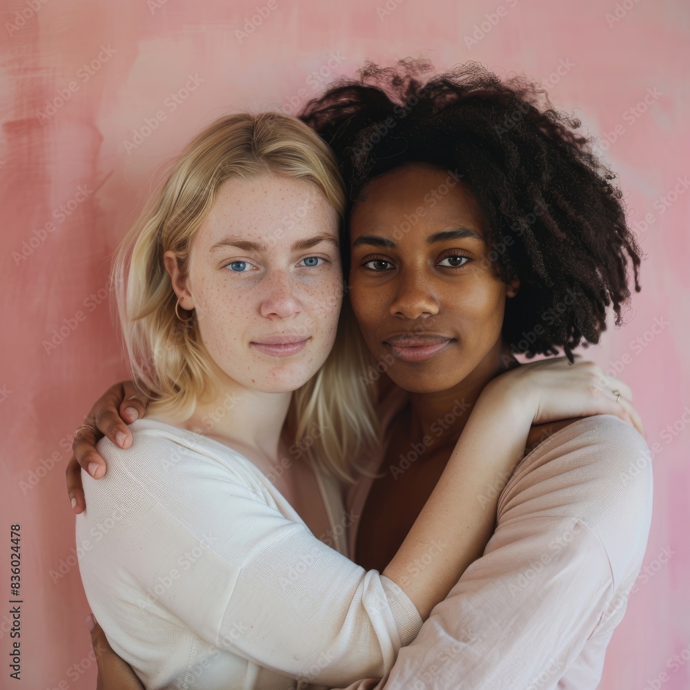 Two Women Embrace in Tenderness, a Moment of Togetherness Against a Soft Pink Background Two Women Embrace in Tenderness, a Moment of Togetherness Against a Soft Pink Background