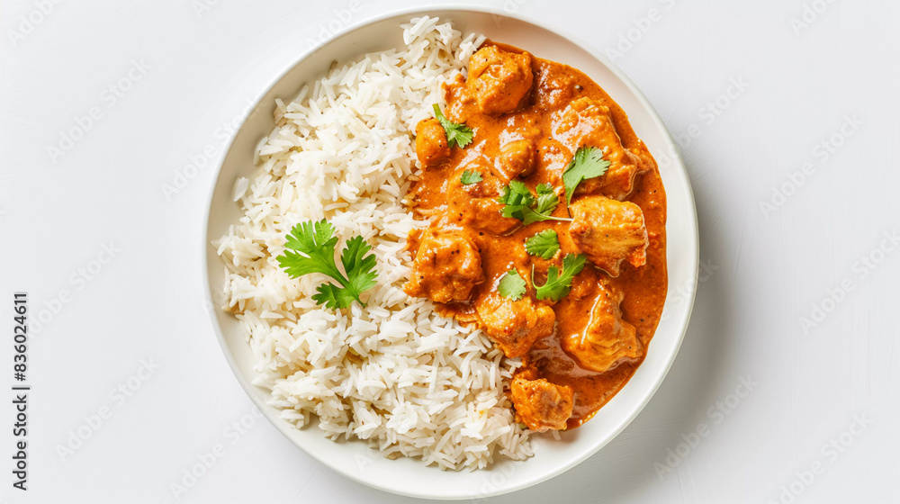 Butter chicken with rice in plate isolated on white background Butter chicken with rice in plate isolated on white background