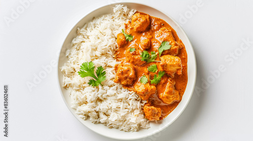 Butter chicken with rice in plate isolated on white background 
