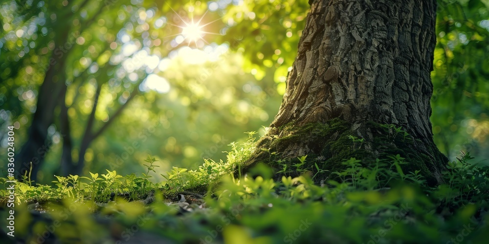 Fototapeta premium Sunlight Dappling Through The Forest Canopy On A Summer Day