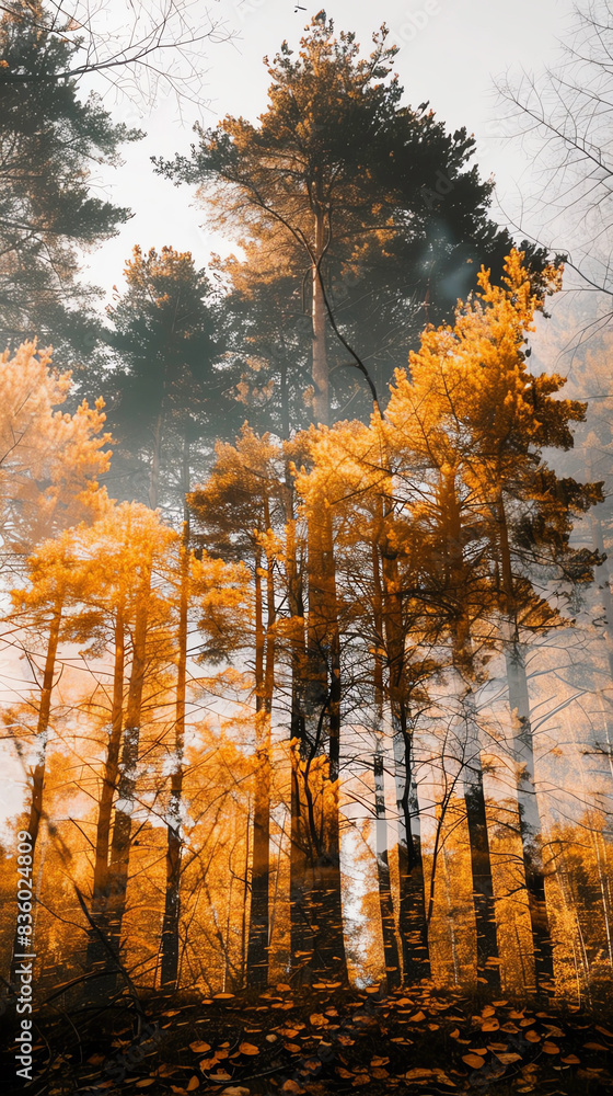 Fototapeta premium Autumn forest with tall trees and golden leaves. Misty atmosphere enhances the tranquil and serene beauty of the fall season in nature.