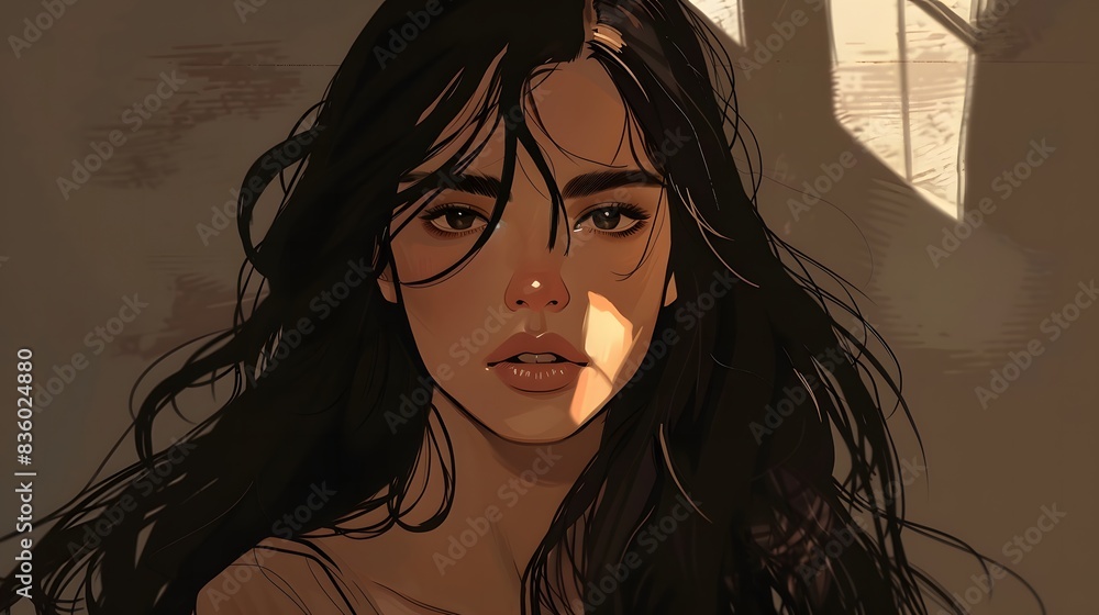 Beautiful Woman with Long Dark Hair in Japanese Manga Style Beautiful Woman with Long Dark Hair in Japanese Manga Style