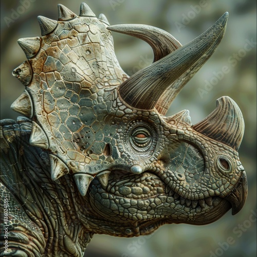Discover the intricate details and texture of a Triceratops' frill and horns, a fascinating glimpse into prehistoric beauty.  dinosaur  fossil, Created with Generative AI. © Chryses
