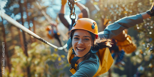 A employees enjoying a team-building retreat, participating in outdoor activities like zip-lining and obstacle courses while bonding and laughing.  photo