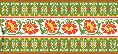Vector seamless colorful Indian national ornament. Ethnic endless plant border. Flowers frame. Poppies and leaves