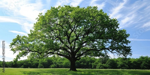 A Majestic Oak Tree Stands Tall Against A Clear Blue Sky In A Lush Meadow