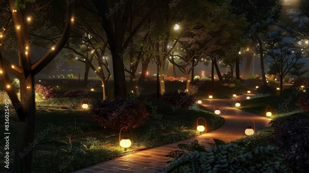 Naklejka premium A city park at night, transformed into a tranquil escape with paths lit by soft lanterns. 