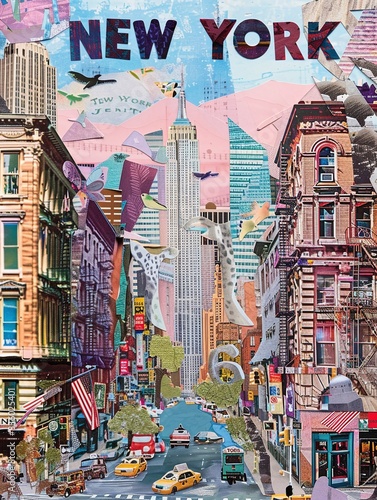 Mixed media art paper photo collage of the city , styled trendy fashion illustration of a poster with a city,  scrapbooking with paint splashes and torn paper , AI