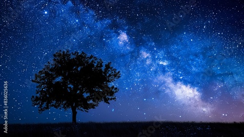 A prairie with a lone tree under the starry sky, the silhouette of a coyote in the distance. photo