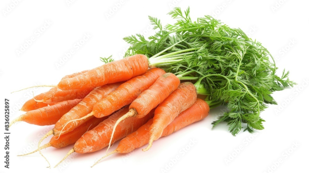 A high-resolution photo of a bunch of fresh carrots, isolated on a white background with clipping path A high-resolution photo of a bunch of fresh carrots, isolated on a white background with clipping path