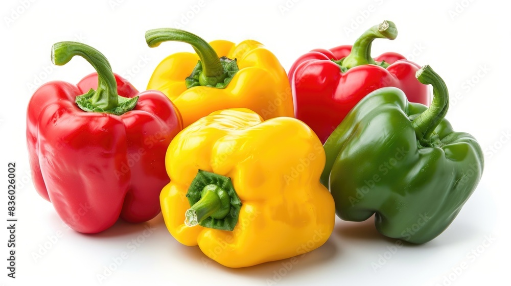 A detailed high-resolution image of vibrant red, yellow, and green bell peppers, isolated on a white background with clipping path A detailed high-resolution image of vibrant red, yellow, and green bell peppers, isolated on a white background with clipping path