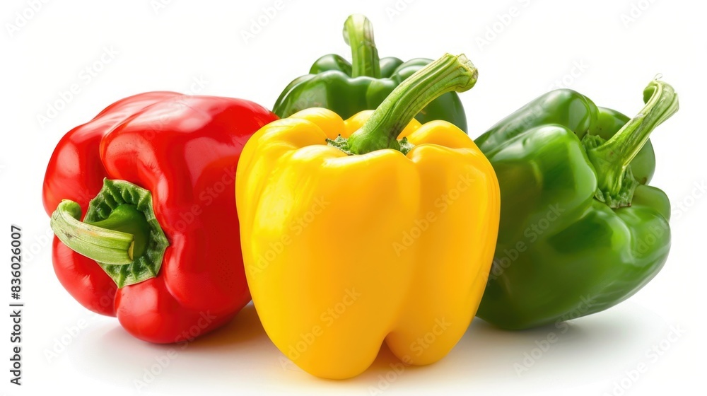 A detailed high-resolution image of vibrant red, yellow, and green bell peppers, isolated on a white background with clipping path A detailed high-resolution image of vibrant red, yellow, and green bell peppers, isolated on a white background with clipping path