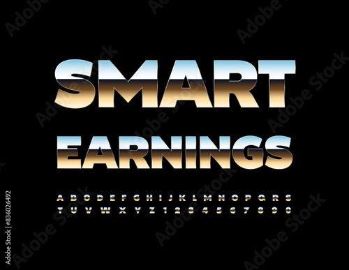 Vector modern logo Smart Earnings. Trendy Silver Font. Reflective Metallics Alphabet Letters and Numbers set.