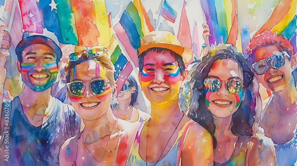 Obraz premium A diverse group of LGBTQ people celebrating Pride Festival, showcasing unity and happiness with rainbow flags, colorful face paint, and joyous interactions