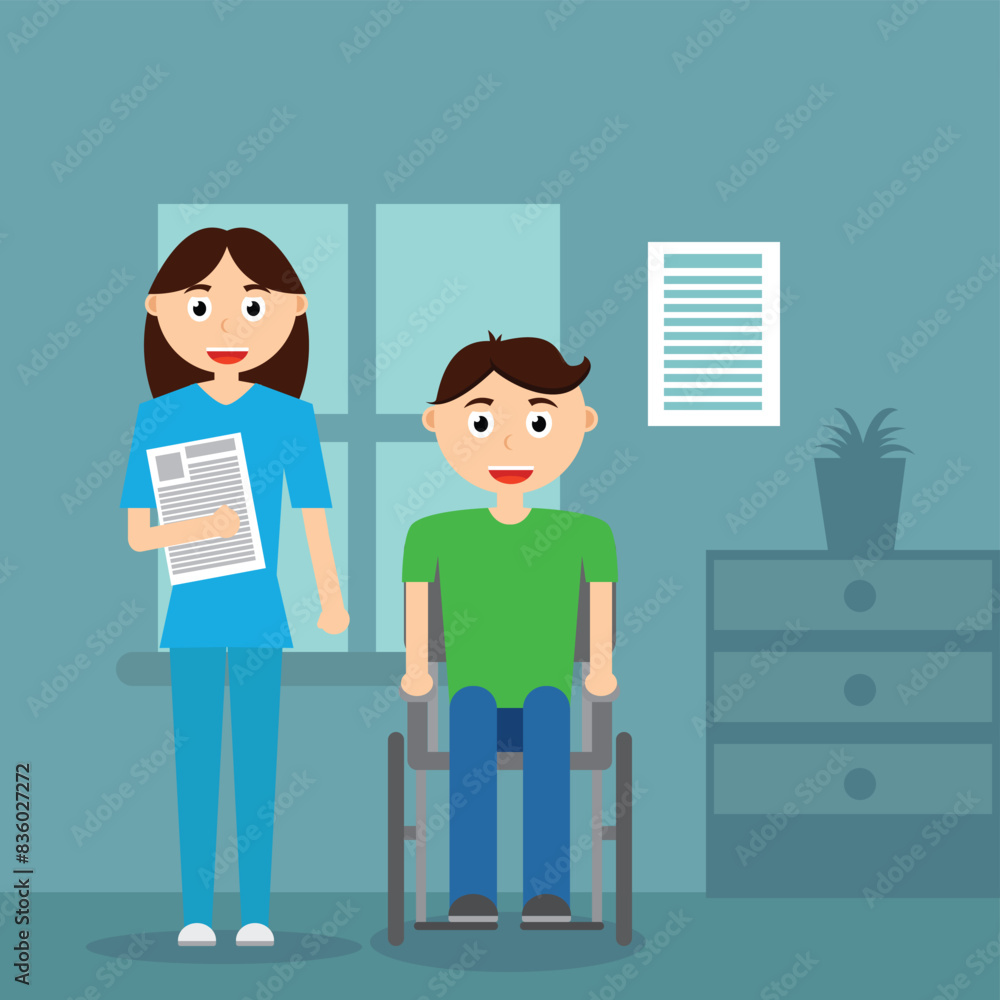 Young Man in Wheelchair in Hospital with Nurse. Healthcare and medicine concept vector art Young Man in Wheelchair in Hospital with Nurse. Healthcare and medicine concept vector art