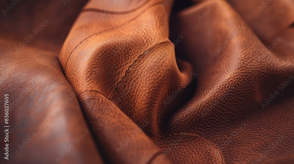 Fototapeta premium Brown leather with a focus on its edges, prepared for leatherworking