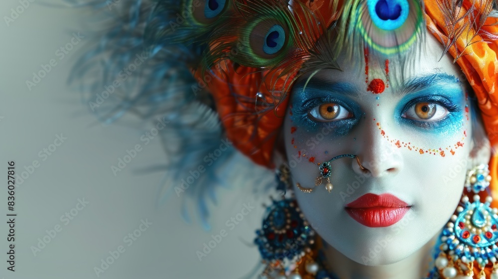 Lord Krishna with copy space for greeting text, Janmashtami and Vishukani concept background Lord Krishna with copy space for greeting text, Janmashtami and Vishukani concept background