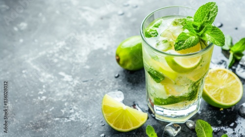 Wallpaper Mural Mojito cocktail with lime and mint in a highball glass, presented on a gray stone background Torontodigital.ca