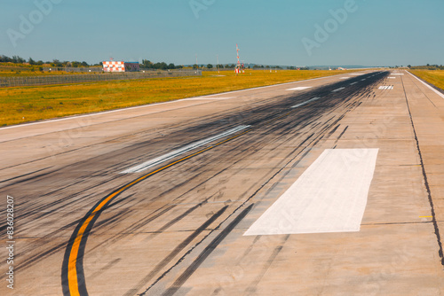 Brake marks on runway. Skid marks after landing