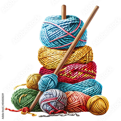 Colorful yarn balls stacked with knitting needles, representing a cozy and creative knitting or crochet setup for craft enthusiasts.