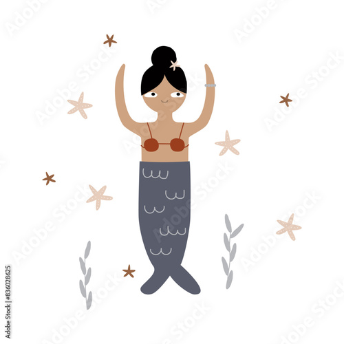 Funny cartoon mermaid. Childish graphic. Vector hand drawn illustration.