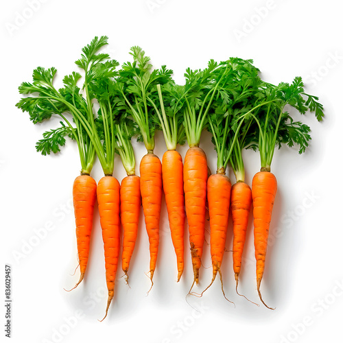 Fresh carrots with green branches on white background