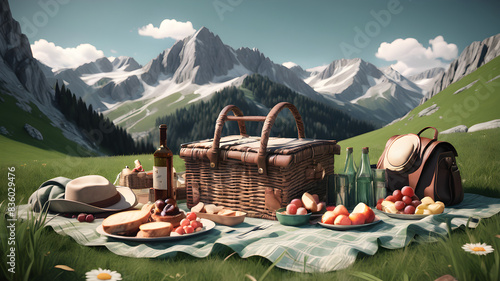 Alpin Mountain picnic on a Grass 8k Ultra realistic photo