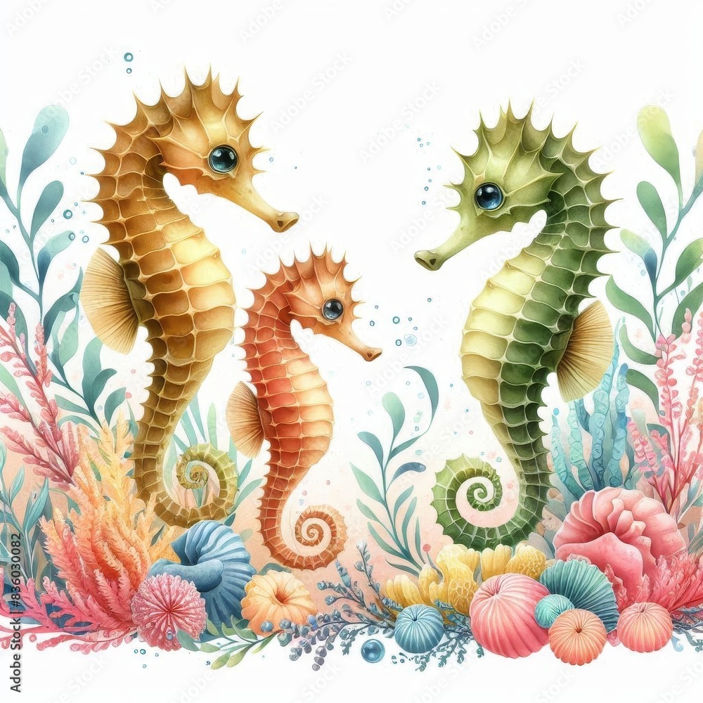 Fototapeta premium Three seahorses are swimming in a colorful ocean scene