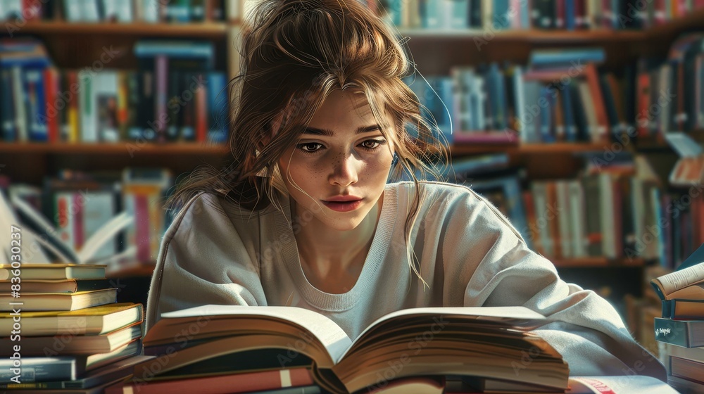 Detailed illustration of a focused female student studying in a library surrounded by books in an academic setting. Detailed illustration of a focused female student studying in a library surrounded by books in an academic setting.
