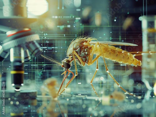 Aedes aegypti mosquito with vial DHF vaccine concept for vaccine anti mosquitoes cause born disease,Laboratory research,Medical science vaccine testing,macrophotography,tropical disease