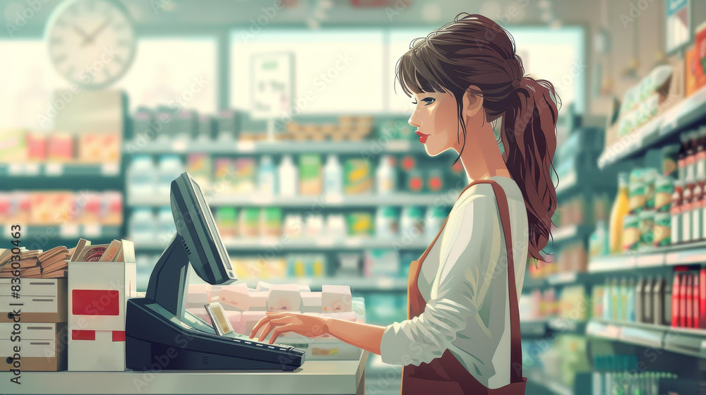 Quick and efficient female cashier scanning items at a supermarket in this detailed illustration. Quick and efficient female cashier scanning items at a supermarket in this detailed illustration.