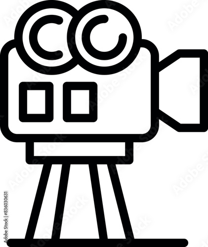 Black and white line icon of a classic film camera on a tripod, evoking retro cinematography