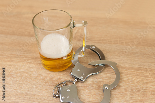 Handcuffs and a beer mug. Beer abuse concept.