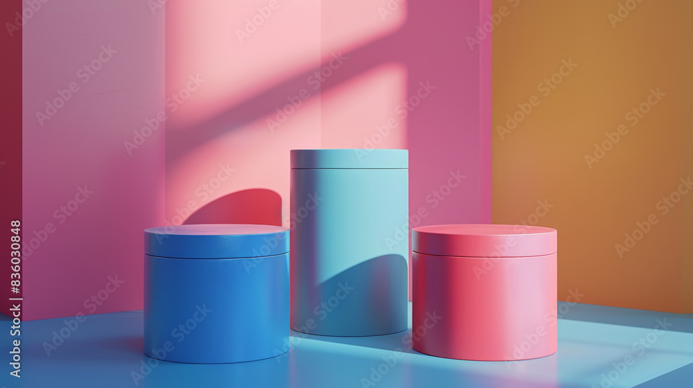 Three blue and pink cylinders are arranged in a row Three blue and pink cylinders are arranged in a row