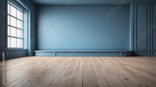 Empty room with a wall and floor  light blue background  with light shining through the window