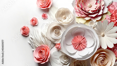 3d abstract background with paper cut flowers, close-up. Generative AI.