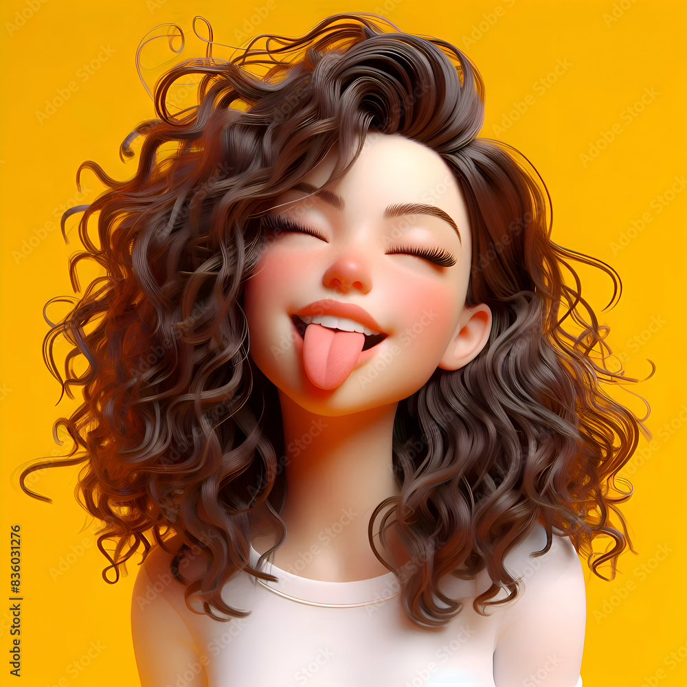 Fototapeta premium Lively and Playful: Joyous Young Woman with Wild Curly Hair Making a Cheeky Face, Set Against a Bright Yellow Backdrop