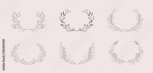 Botanic set of detailed various floral frame and wreath. Luxury vintage collection for wedding invitation, wallpaper art or save the date card. Botanical vector illustration, line herbs