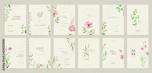 Set of floral invitation save the date card with watercolor branch and flowers. Luxury vintage botanic template layout design, brochure or cover