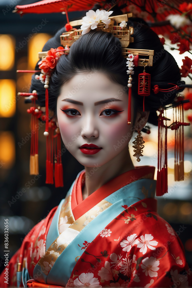 Elegant Geisha in Vibrant Kimono with Ornate Hairpieces and Cherry Blossoms in Traditional Japanese Setting Elegant Geisha in Vibrant Kimono with Ornate Hairpieces and Cherry Blossoms in Traditional Japanese Setting