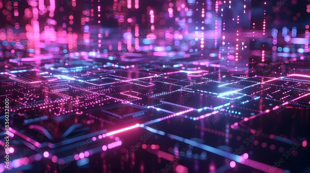 Obraz premium Futuristic Digital Cyberspace Backdrop with Glowing Geometric Patterns and Neon Lights