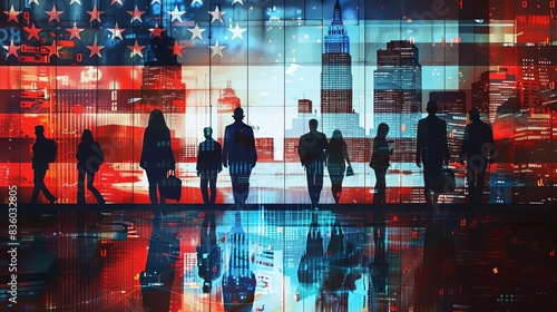 Abstract background with silhouettes of computer gamers and office workers Silhouettes on an American flag background symbolizing corporate technology business or online work in th