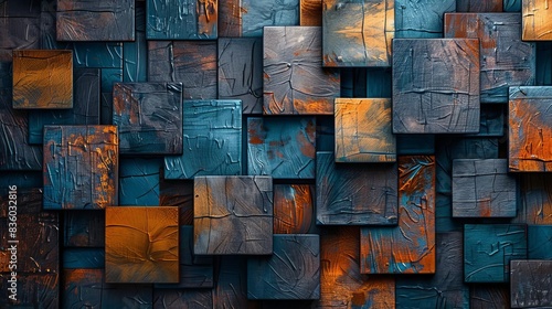 Abstract background with geometric texture resembling wood blocks in blue, brown and orange colors Modern wallpaper or interior design element In the style of oil painting photo