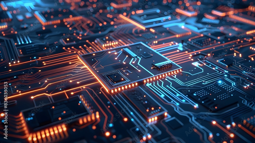 Futuristic Glowing Circuit Board with Microchips and Interconnected Patterns Futuristic Glowing Circuit Board with Microchips and Interconnected Patterns