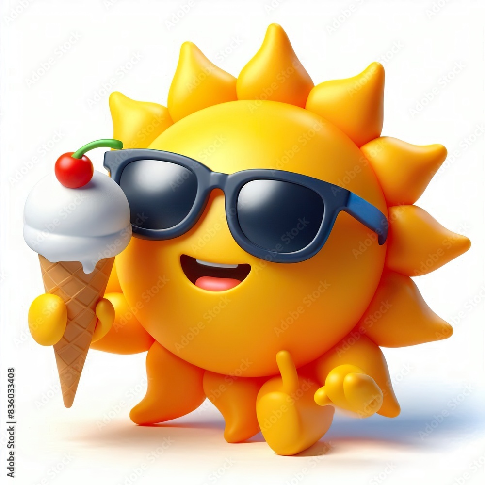 3D sun emoji wearing sunglasses holding a ice cream on a white background 3D sun emoji wearing sunglasses holding a ice cream on a white background