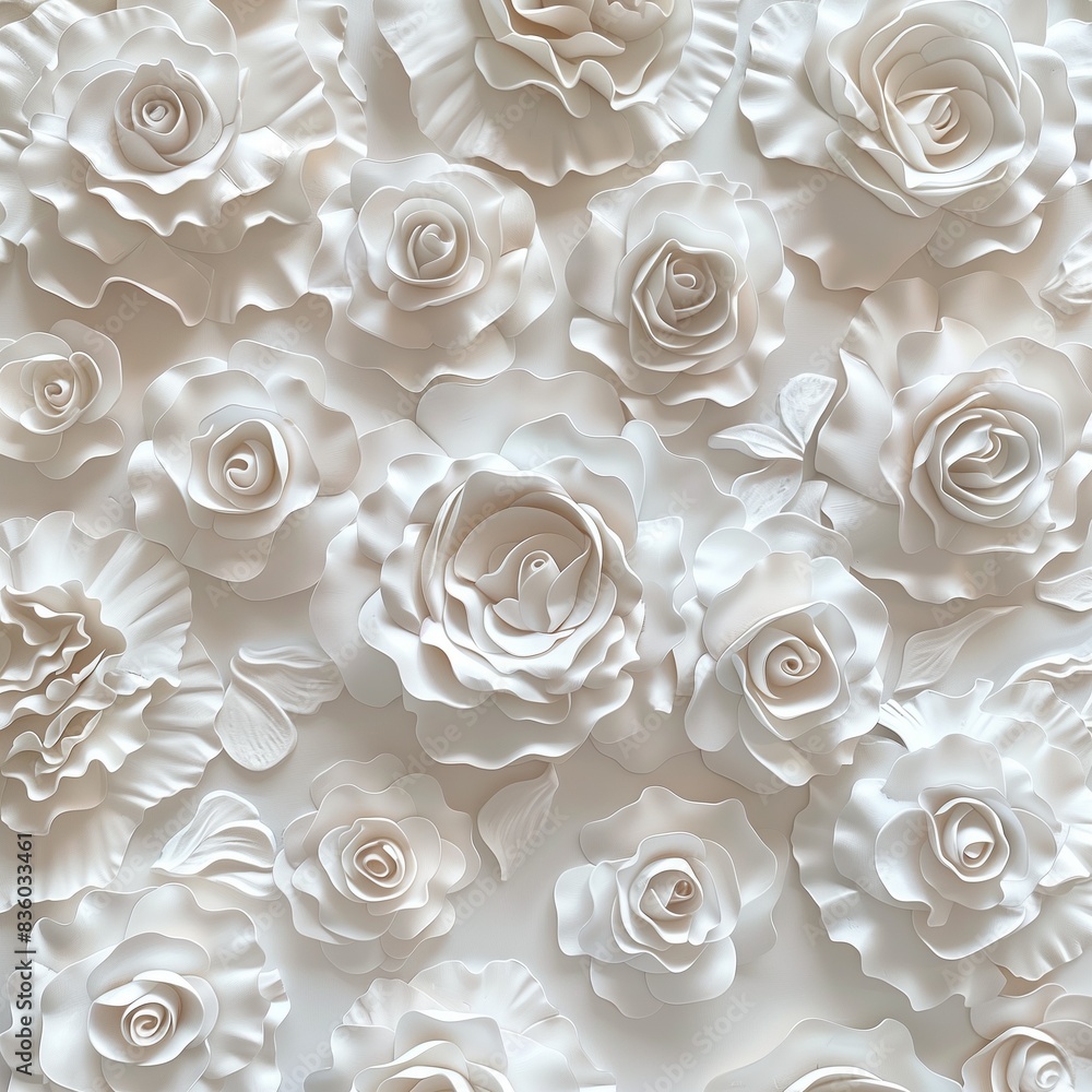 Intricately designed rose blossoms forming a seamless arrangement on a clean white canvas. Intricately designed rose blossoms forming a seamless arrangement on a clean white canvas.