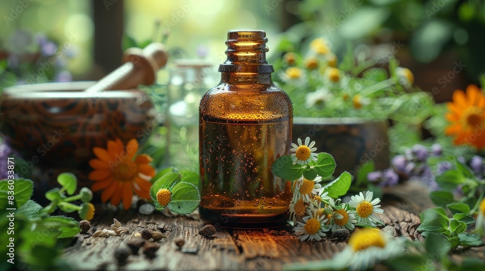 Aromatic essential oil in a brown glass bottle surrounded by fresh herbs and flowers on a rustic wooden table in a vibrant garden setting. Aromatic essential oil in a brown glass bottle surrounded by fresh herbs and flowers on a rustic wooden table in a vibrant garden setting.