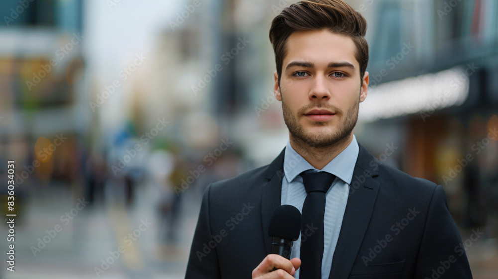 Young male journalist reporting with a microphone on a busy urban street Young male journalist reporting with a microphone on a busy urban street